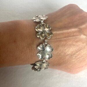 VTG BEAU Sterling Silver 925 Dogwood Flower Floral Link Panel Bracelet 7.5"